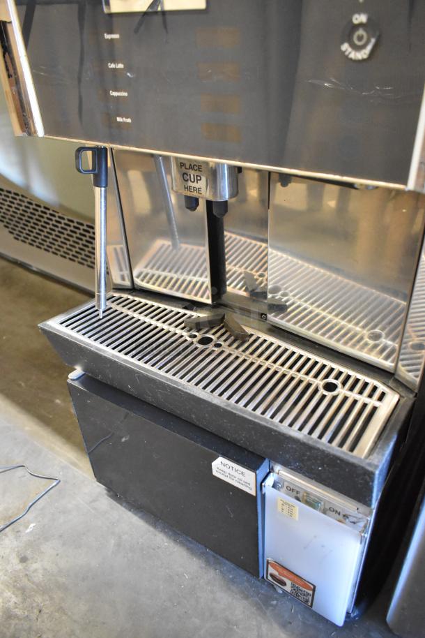 MF Bistro stainless steel commercial espresso machine with steam wand and two hoppers. 208/240V, 1 phase, countertop model.