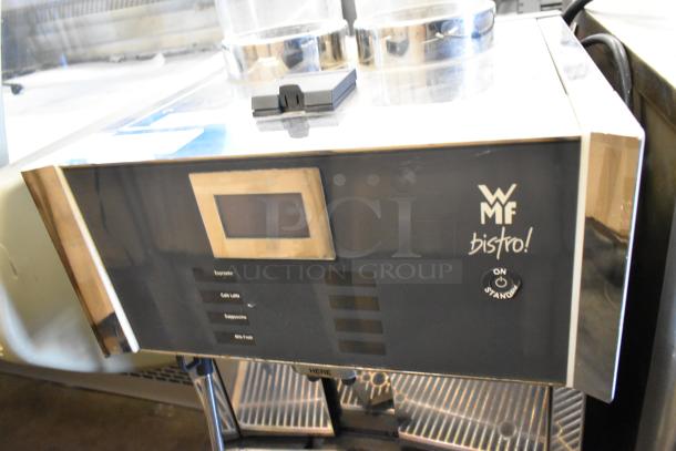 MF Bistro stainless steel single group espresso machine, steam wand, 2 hoppers, 208/240V, commercial countertop design.
