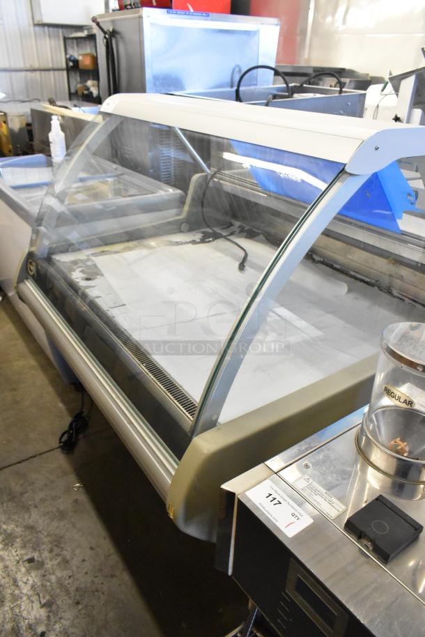 Lowe Metal Commercial Deli Display Case Merchandiser, glass front, visible wear, plug-and-play, tag indicating "REGULAR."