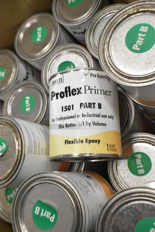 Cans of Pro Guard Proflex Primer, Part B, labeled for professional use, 1:1 mix ratio, flexible epoxy. 180 cans total.