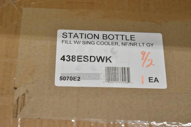 Brand new Elkay 438ESDWK stainless steel wall mount water fountain in box. Tag shows model, 115 volts, 1 phase.