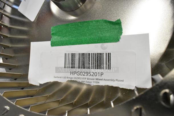 Brand new Garland/US Range G02952-01P blower wheel assembly with visible barcode and label, scratch and dent condition.