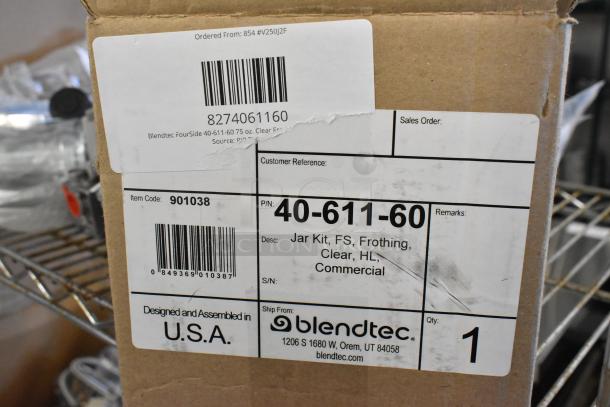 Brand new Blendtec FourSide 75 oz frothing jar with hard lid, model 40-611-60. Scratch and dent condition.