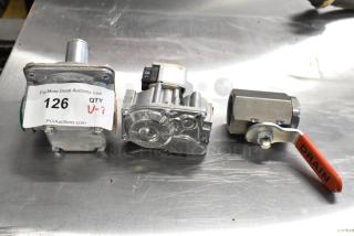3 brand new scratch and dent items including VR8204A2837 gas valves, labeled with auction tag 126, QTY V-3.
