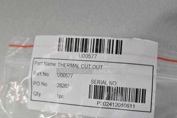 Thermal Cut Out Part U00577 label with barcode, PO No. 28282, Serial No. P202412010611, Qty: 1pc. Brand new condition.