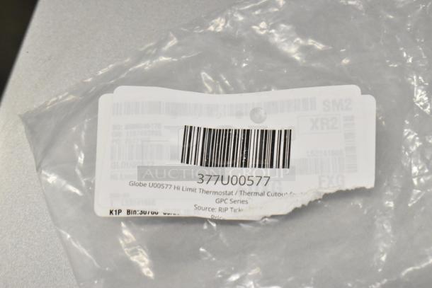 Globe U00577 Hi Limit Thermostat package with barcode and labeling in original sealed plastic.