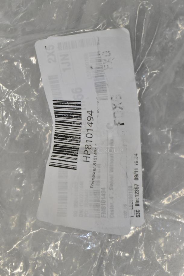 Frymaster 8101494 caster package with barcode and label showing details. New scratch and dent condition. 4" swivel caster.