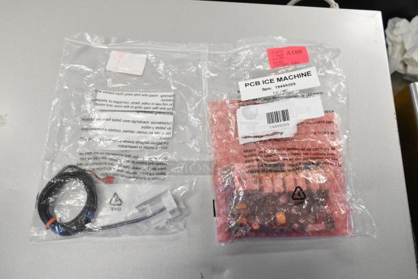 Brand new Avantco Ice 19491593 sensor and 19499269 PCB in sealed bags for select ice machines. Tags show model numbers.