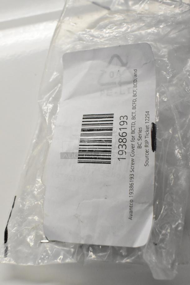 Plastic bag with Avantco Screw Cover 19386193 for BCT, BCTD, BCF, BCFD, BC Series. Barcode and recycling symbol visible.