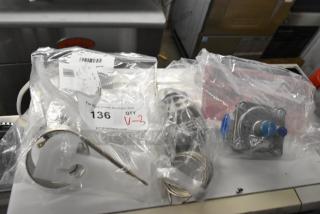 Three brand new scratch and dent Hoshizaki SP-5676 Kms Thermostat Kits, include thermostat and bulb holder, auction tags visible.