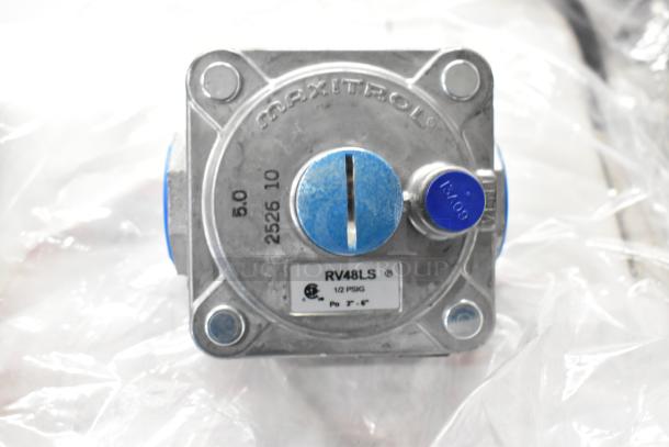 Maxitrol RV48LS valve in silver with blue dial, labeled 1/2 PSIG. Includes markings and model number. New condition.