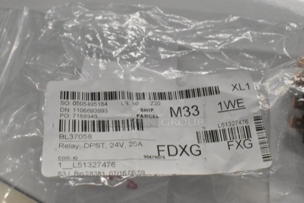 Bag labeled Blodgett 37058 with barcode, showing a Relay, DPST, 24V, 25A, indicating a new item condition.