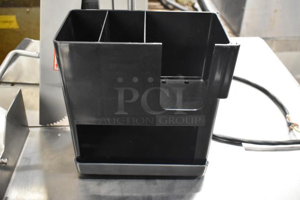 Black 4-section countertop cup, lid, and straw organizer, new condition, ideal for cafes and restaurants.