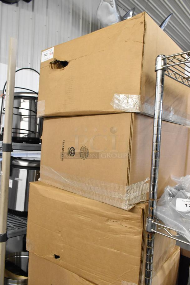 Three new items labeled EDI0006692 with 120" plastic strips, stored in cardboard boxes showing mild damage.