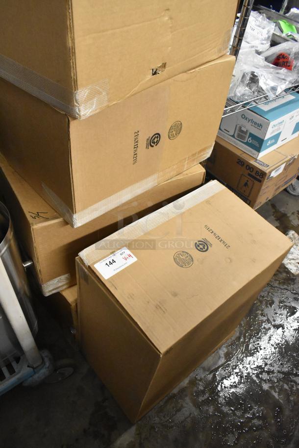 Four cardboard boxes, reportedly containing brand new scratch and dent items including EDI0006692 120" plastic strips. Box labels show lot number 144.
