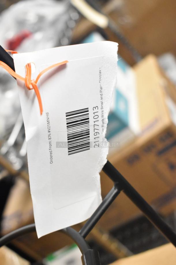 BRAND NEW Cal-Mil 977-10-13 Iron Three Tier Black Wire Bowl and Plate Display. Size: 11 3/4" x 11 3/4" x 20". Item 2119771013, minor scratches.