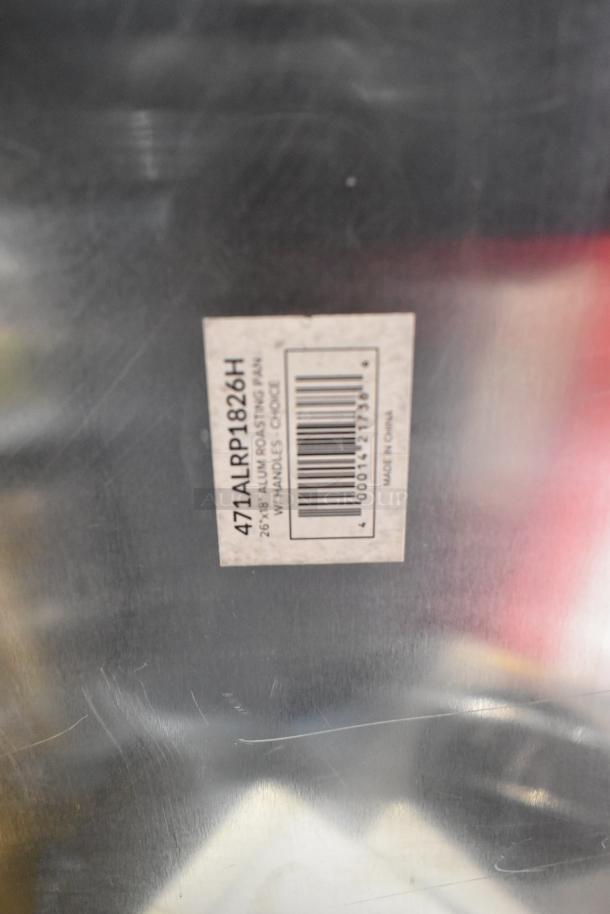 Brand new Choice 471ALRP1826H aluminum roasting pan, 26"x18"x3.5", scratch and dent, with handles, label visible.