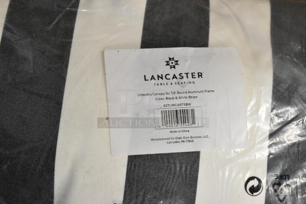 Lancaster 7.5' black and white striped umbrella canopy, model 427UMCAR75BW. Brand new in packaging.