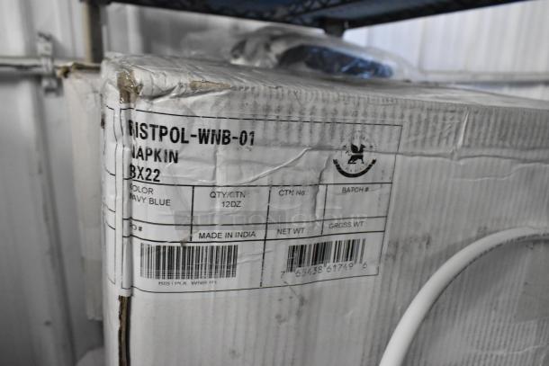 Scratched box labeled "Navy Blue Napkin" containing 12 dozen Oxford Super Blend Bistro Striped Cloth Napkins. Made in India.