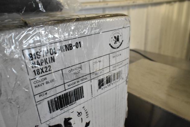 Box of Oxford Super Blend Navy Blue Napkins, 18"x22", 144 count. Marked 'BISTPOLWNB-01'. Made in India.