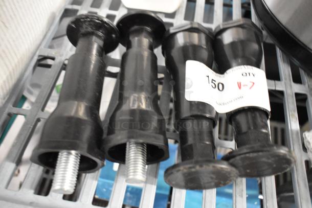 Seven scratch and dent items including legs, poly scooper; new condition, labeled "150 QTY V-7."