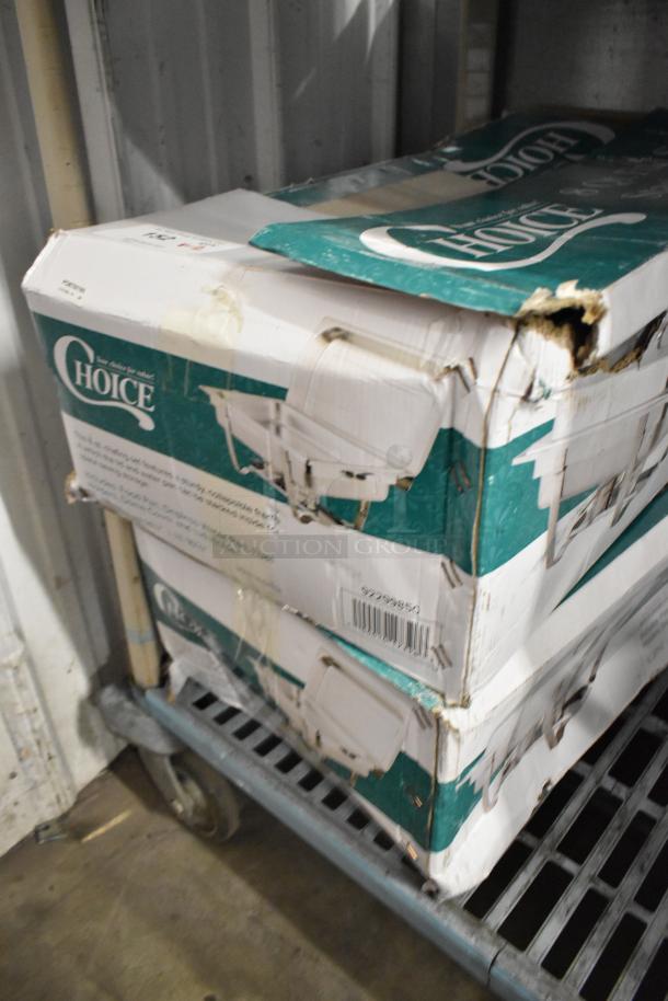 Two Choice 92299850 Deluxe 8 Qt. Stackable Chafers in original boxes, showing signs of wear and dents.