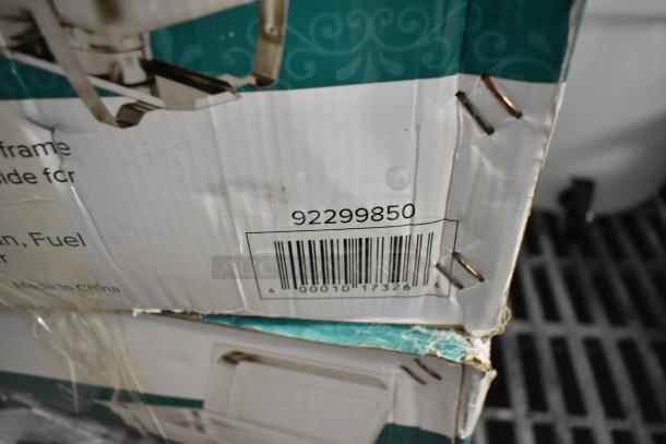 Two brand new Choice 92299850 Deluxe 8 Qt. Stackable Chafers. Box has visible damage. Includes barcode and product number.