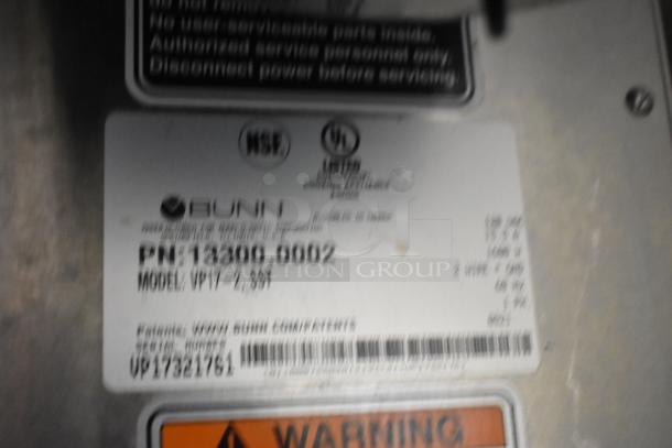 Bunn VP17-2 Stainless Steel Coffee Machine label, showing model, voltage, and certifications.