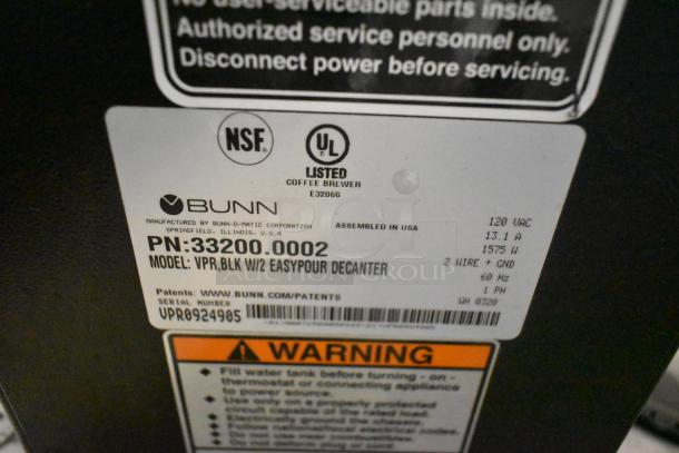 2020 Bunn VPR Stainless Steel 2 Burner Coffee Machine, 120V, 1 Phase, Model VPR, NSF and UL listed, Easy Pour Decanter.