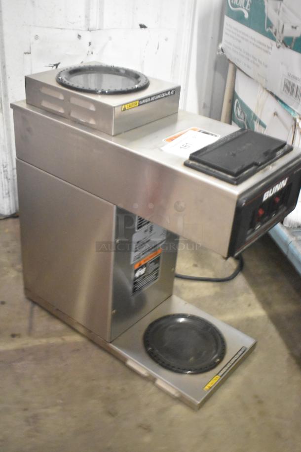 Bunn VP17 stainless steel commercial coffee machine, 2 burner, 120V, 1 phase, good condition, side labels visible.