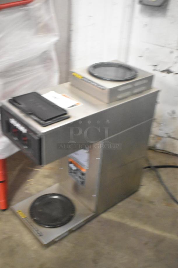 Bunn VP17 stainless steel commercial 2 burner coffee machine, 120 volts, 1 phase, visible controls and labels.