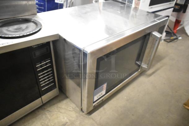 2021 Amana RCS10TS stainless steel commercial countertop microwave, 120V, 1 Phase, excellent condition, USA flag sticker.