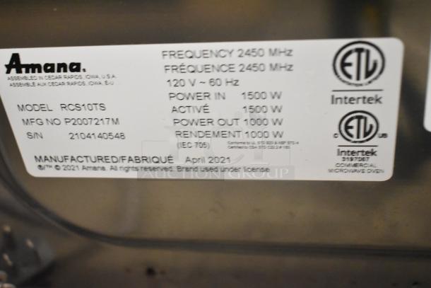 2021 Amana RCS10TS Stainless Steel Commercial Microwave, 120V, 1 Phase. Label shows power details and model specifics.