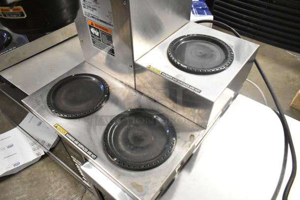 2021 Bunn VP17-3 stainless steel coffee machine with 3 burners, 120 volts, 1 phase. Visible caution label for hot surfaces.