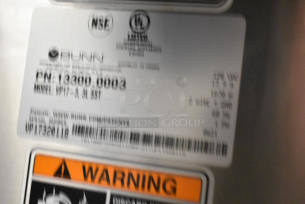 2021 Bunn VP17-3 stainless steel coffee machine label, showing model and specifications for 120V, 1 phase use.