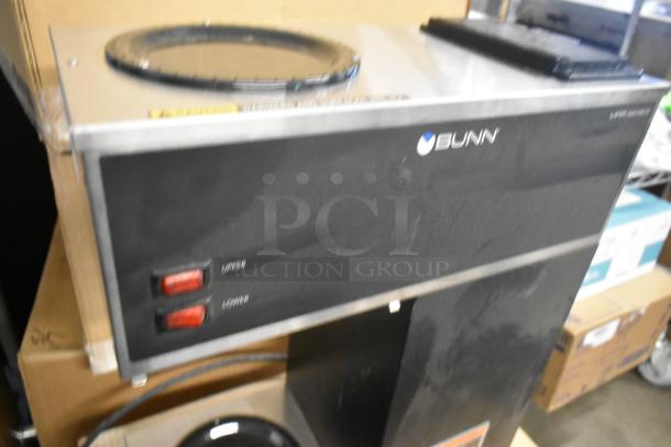 2020 Bunn VPR stainless steel commercial 2 burner coffee machine, 120V, 1 phase, black panel with Bunn logo, control switches.