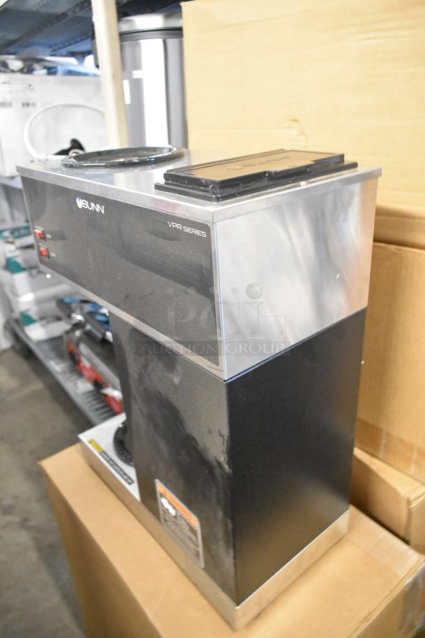 2020 Bunn VPR stainless steel commercial coffee machine with two burners, 120 volts, 1 phase; sleek and robust design.