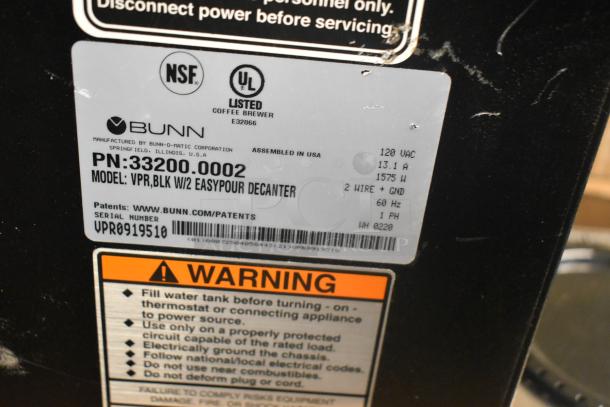 2020 Bunn VPR Coffee Machine label showing model, voltage, and warnings. 120 Volts, single-phase.
