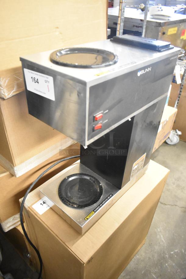 2020 Bunn VPR stainless steel commercial 2-burner coffee machine, 120V, in good condition, visible control panel with switches.