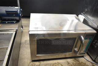 Sharp R-21LVF commercial countertop microwave oven, stainless steel, 2024 model, 120 volts, good condition, with control panel.