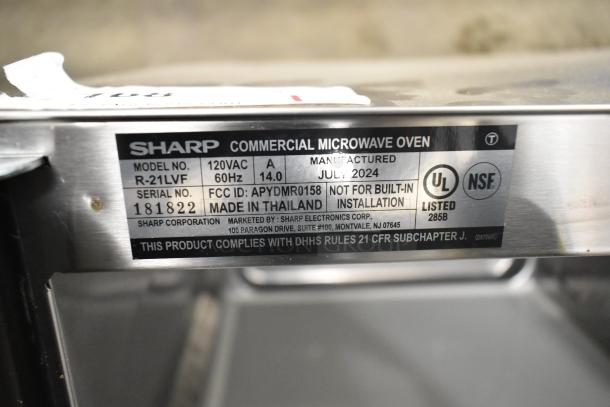 2024 Sharp R-21LVF Stainless Steel Commercial Microwave Oven, 120V, 1 Phase. Label shows model and manufacturing details.