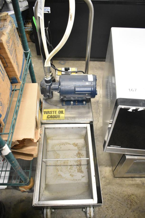 Metal commercial waste oil caddy with pump, commercial casters, 115V, 1 phase. "Waste Oil Caddy" label visible.