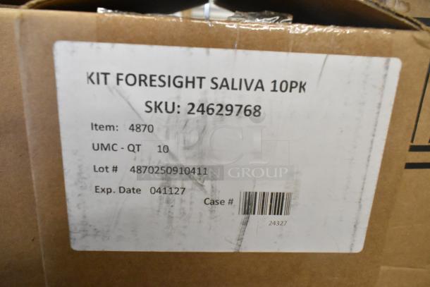 Box labeled "Kit Foresight Saliva 10PK" with SKU 24629768, Item 4870. Includes various new items like stain remover and handwash.