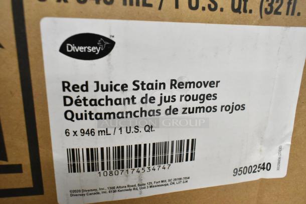 Box label showing Diversey Red Juice Stain Remover, 6 x 946 mL bottles. Brand and barcode visible.