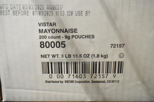 Box label for Vistar Mayonnaise, 200 count, 9g pouches, net weight 3 lb 15.5 oz. Includes manufacturing and best before dates.