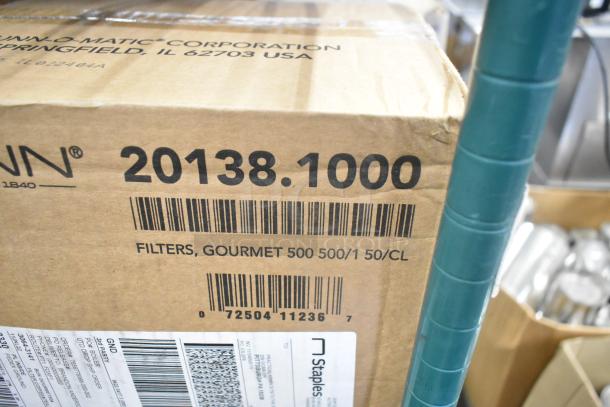 Cardboard box labeled "Bunn-O-Matic Corporation," showing model 20138.1000, for Gourmet 500 filters.