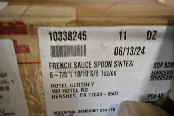 Box label showing "French Sauce Spoon Sintesi," 6-7/8" 18/10 stainless steel, quantity 12 per case, with shipping details.