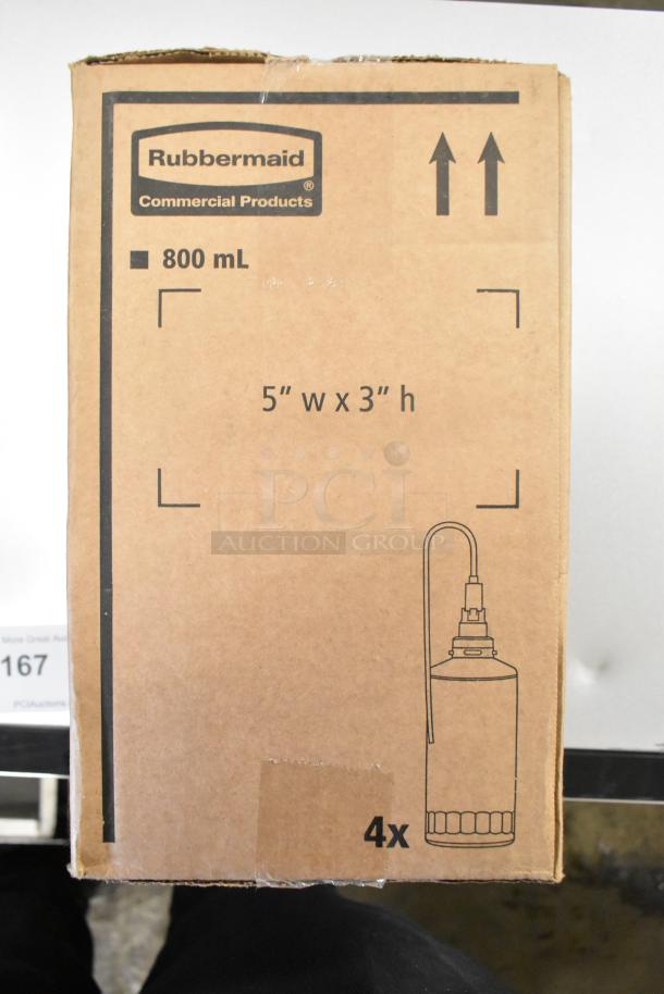 Cardboard box labeled "Rubbermaid Commercial Products," 800 mL, 5"x3", contains auto foam refills. New condition, slight box wear.