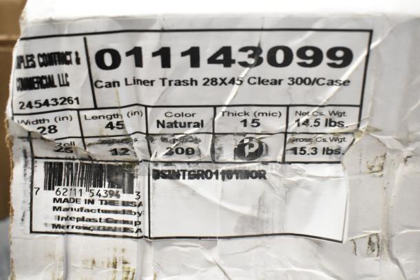 Box of can liners labeled "Can Liner Trash 28X45 Clear 300/Case," natural color, 15 mic thickness, by Inteplast Group.