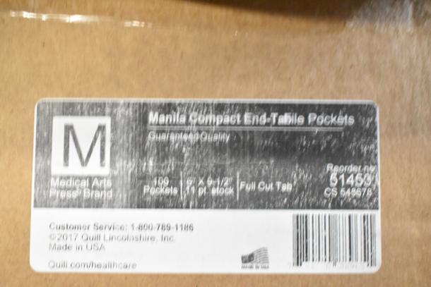 Label on box for Medical Arts Press Manila Compact End-Table Pockets, 100 pockets, 6"x9.5", made in USA.
